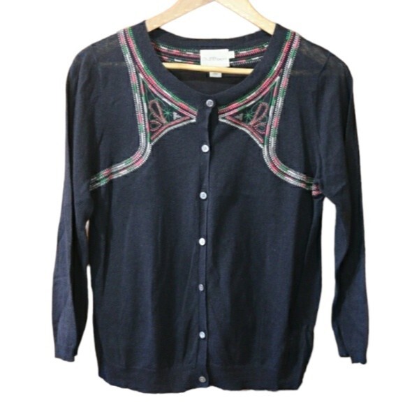 Pure DKNY Black Embroidered Cardigan Colorful Linen Blend Cropped Medium - Picture 1 of 13